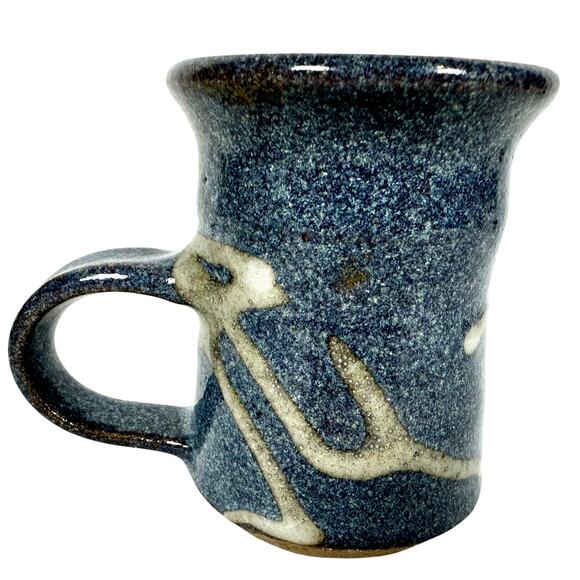Hand Crafted Artist Signed Pottery Blue Gray Abstract Coffee Mug Unique Handle! - Picture 3 of 6